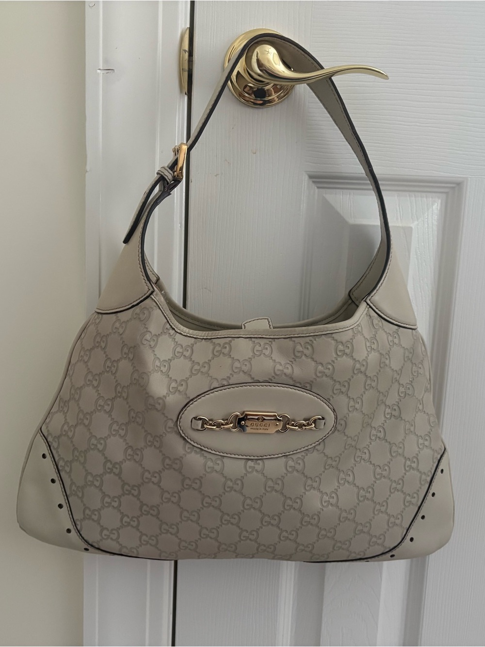 Gucci Beige Monogram Shoulder Bag with Gold Hardware Accents